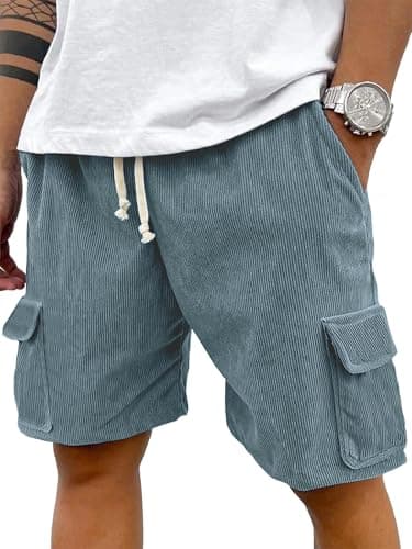 PLEPAN Men's Corduroy Cargo Shorts Casual Lightweight Shorts with Five Pockets, Drawstring Waist Relaxed Fit for Summer Beach Vacation Shorts Gray Blue L - Image 1