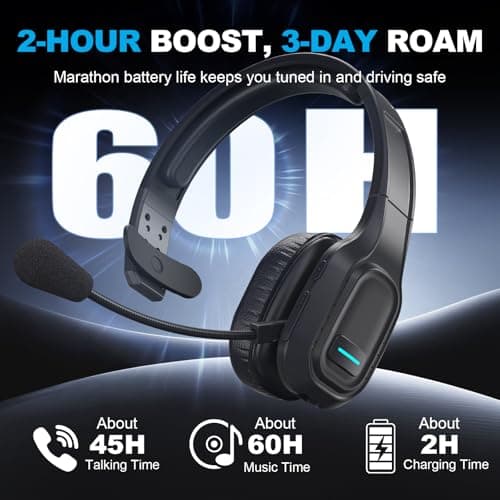 TURNRISE Trucker Bluetooth Headset with Dongle: AI Noise Canceling Wireless Headset with USB Dongle & 60Hrs Working Time & Mute Button, Headphones for Truck Drivers, Office, Call Center, Phone/PC - Thumbnail 5