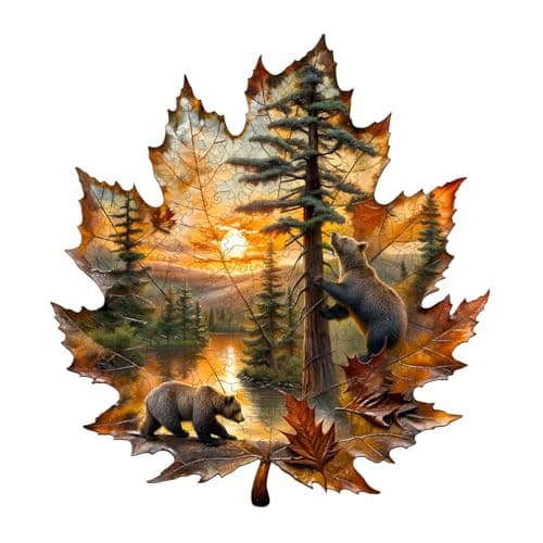 Wooden Puzzles for Adults, Brown Bear Autumn Maple Leaf Wooden Jigsaw Puzzle, Unique Animal Shaped Wood Puzzles Adult, Creative Gifts for Friends/Family/Puzzle Lovers, Home Decor(S-8.5 * 7.9in 90pcs)