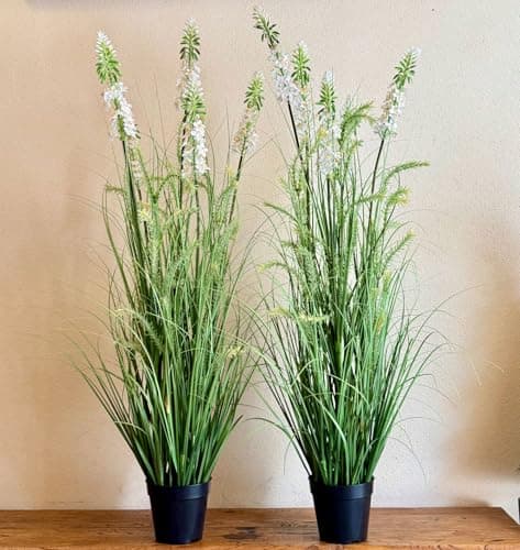 Crasraye Artificial Grass Plant with White Delphinium Silk Flowers 4ft 2-Pack, Fake Ornamental Onion Grass in Pot, 48in Tall Floor Grass Plants for Decor, Indoor Decorative Flowers & Plants - Image 1