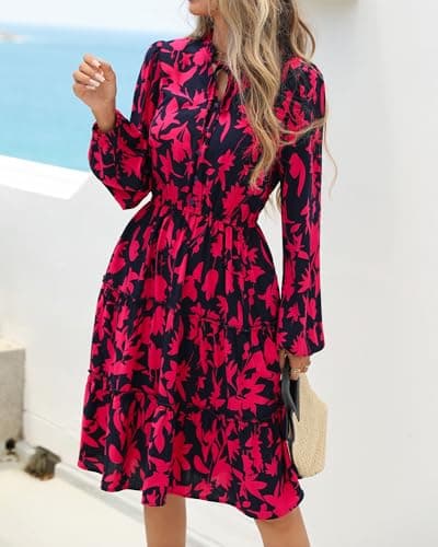 BTFBM Women Fall Dresses 2025 Floral V Neck Long Sleeve Tiered Ruffle Boho Swing Flowy A-Line Mini Dresses Vacation(Navy Rose Red Floral,XX-Large) - Thumbnail 4