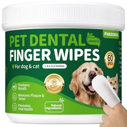 PHASORRA Dog Dental Care Wipes - 60Ct Tooth Brushing kit, Heavy Duty Teeth Cleaning for Dogs & Cats, Remove Tartar & Plaque, Dog Breath Freshener, Dog Toothbrush & Toothpaste Alternatives - Image 1