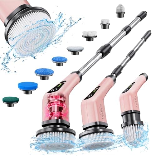 Leebein Electric Spin Scrubber, Cordless Powerful Scrub Brush for Cleaning Bathroom, Kitchen, Shower Tub and Floor Tile with Adjustable Extension Long Handle and 8 Replaceable Brush Heads(Rose) - Image 1