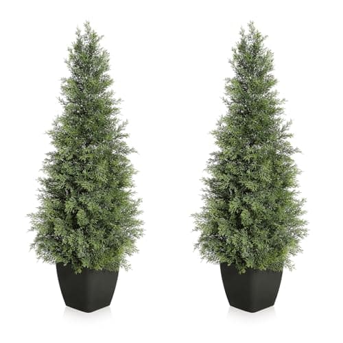 GarveeHome Artificial Cedar Topiary Tree for Christmas Outdoor, 36 in Tall Faux Cedar Trees, Potted Fake Cypress Plant, Artificial Plants Indoor Outdoor for Front Porch Decor, Set of 2 - Image 1
