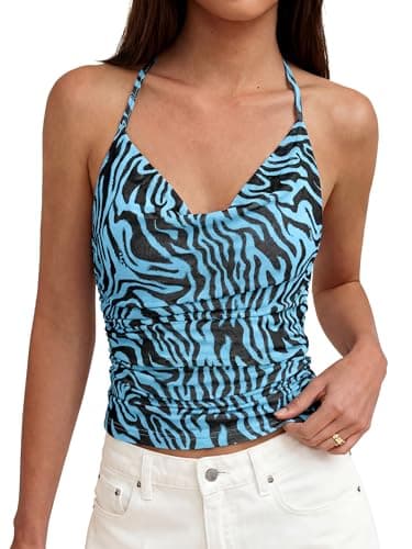 MASCOMODA Summer Floral Cowl Neck Halter Tops for Women Trendy Going Out Sexy Boho Mesh Backless Cute Y2k Vaction Outfits(Blue Zebra Print,Medium) - Image 1