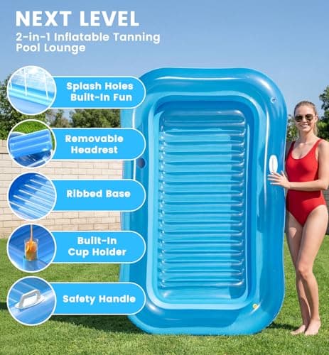 Inflatable Tanning Pool Lounger Float with Sprinkler, 77" x 48" XL Tanning Pool for Adults with Pillow & Cup Holder, 6 in 1 Suntan Tub Sunbathing Bed Pool Floats Adult for Backyard, Beach & Lake - Thumbnail 4