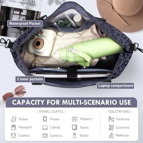 WOOMADA Weekender Overnight Bag for Women, Shoulder Travel Duffel with Shoes Compartment,Gym Bag with Toiletry Bag Large Size(black leopard) - Thumbnail 4