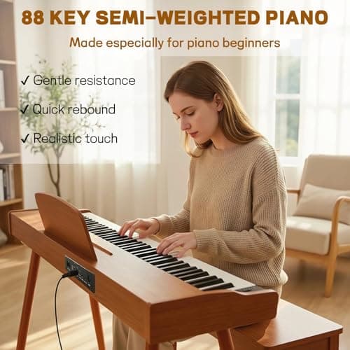AMPUS 88 Key Semi-Weighted Keyboard Piano with Stand, Brown - Thumbnail 2