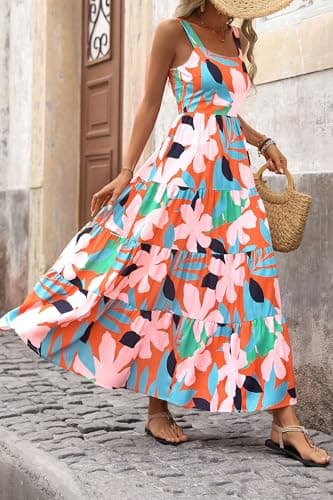 PRETTYGARDEN Women's Summer Floral Maxi Dress Sleeveless Smocked Ruffle Long Flowy Beach Vacation Boho Sundresses (Floral Orange Pink,Large) - Thumbnail 5