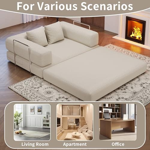 BSHOMGI 4 in 1 Futon Sofa Bed Queen Size - Foldable Convertible Sleeper Sofa Couch, Removable Washable Corduroy Cover, Space Saving Floor for Living Room (Beige, 53.15" Double Sofa) - Thumbnail 3