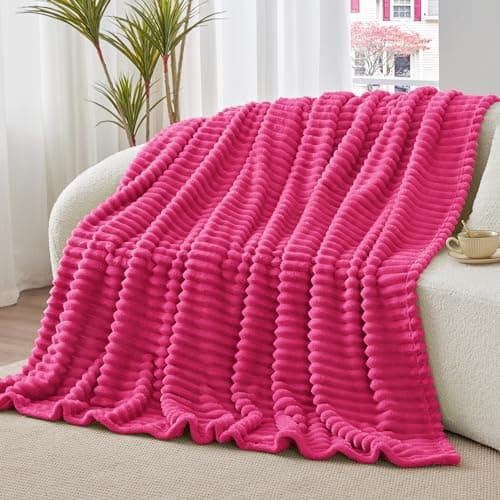 BEDELITE Twin Blanket for Couch & Bed, 300GSM Soft & Warm Fleece Blanket, Decorative and Giftable Striped Hot Pink Blankets for Women, Men, 60"x80" - Thumbnail 2