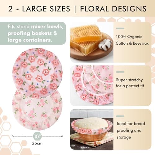 Sourdough Bowl Cover 12 Inch, Beeswax Bowl Covers for Bread Proofing, Reusable Cotton Food Covers for Mixing Bowls, Stretch Fit Covers for Dough Proofing, Kitchen Storage, 2 Pack - Thumbnail 3