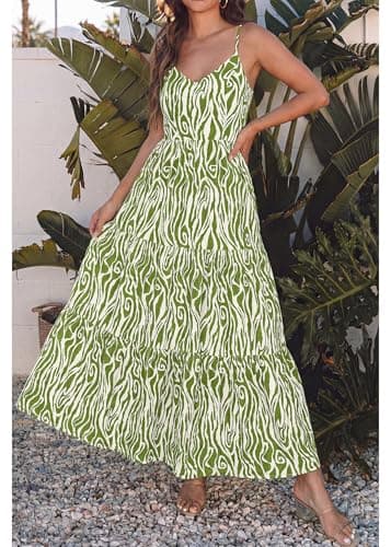 KIRUNDO Sundresses for Women 2026 Spring Summer Hawaiian Print Boho Floral Spaghetti Strap Beach Vacation Flowy Maxi Dress(Army Green, Large) - Thumbnail 4