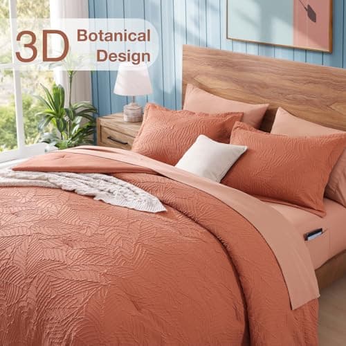 Geniospin Twin Comforter Set - 5 Pieces Burnt Orange Bedding Set, Botanical Textured Comforter Set, All Season Lightweight Bed in a Bag with Comforter, Sheets, Pillowcases & Shams - Thumbnail 3