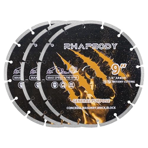 RHAPSODY 9 Inch Diamond Saw Blade 3pcs, Segmented General Purpose Blade Dry/Wet Cutting Concrete, Masonry, Brick, Block, Paver 7/8" Arbor - Image 1