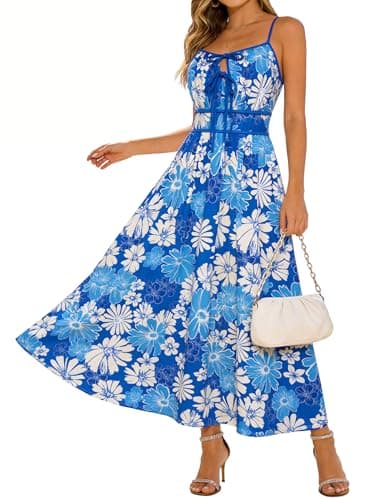 GRACE KARIN 2026 Women's Summer Maxi Dresses, Tie Front Floral Boho Dress, Spaghetti Strap Sundress with Pockets, Blue White 2XL - Image 1