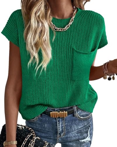 KIRUNDO Spring Summer Short Sleeve Sweater for Women 2026 Casual Sweater Vest Cotton Knit Pullover Tank Tops Fashion Clothing(Green, Medium) - Image 1