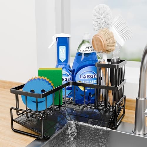 Fikoksol Large Sponge Holder for Kitchen Sink, 90-Degree Sink Caddy Organizer with Dish Brush Holder for Countertop Corner Storage Rack, Metal L-Shaped Kitchen Sink Sponge Soap Organizer Storage Ideas - Image 1