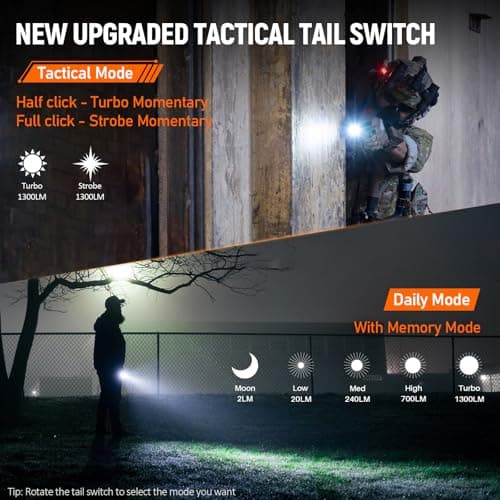 Wurkkos TD07 LED Tactical Flashlight, USB-C Rechargeable Flashlights, 1300 High Lumen EDC Small Flashlight, Turbo/Strobe Momentary, IP68 Waterproof, 6 Lighting Modes, Flash light for Emergency Camping - Thumbnail 3