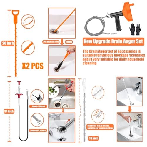 Drain Snake Auger (33 Feet), Plumbing Snake Drain Hair Clog Removal Tool, Sink Unclogger Drain Cleaner Tool for Bathroom Kitchen Tub Shower with Gloves - Thumbnail 3