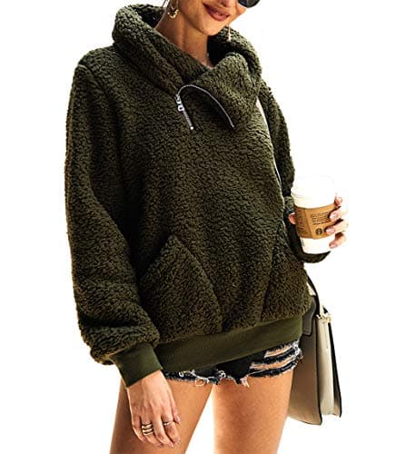 KIRUNDO Winter Clothing for Women Sherpa Pullover Fleece Zip Sweatshirt 2026 Fall Fashion Fuzzy Faux Shearling Warm Outwear(X-Large, Army Green) - Image 1