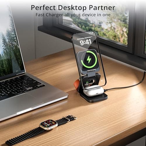 3-in-1 Wireless Charger Stand, LULULOOK 15W Magnetic Charger Wireless Fast Charging Station for iPhone 16/15/14 Series, Aluminum 5W Charger for Apple Watch, AirPods, USB-C Charging Cable Included - Thumbnail 6