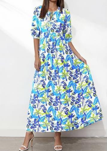 KIRUNDO Women Summer Beach Vacation Wedding Guest Dresses 2026 Spring Boho Floral 3/4 Sleeve Loose Cruise Flowy Maxi Dress(Blue Green, Large) - Thumbnail 2