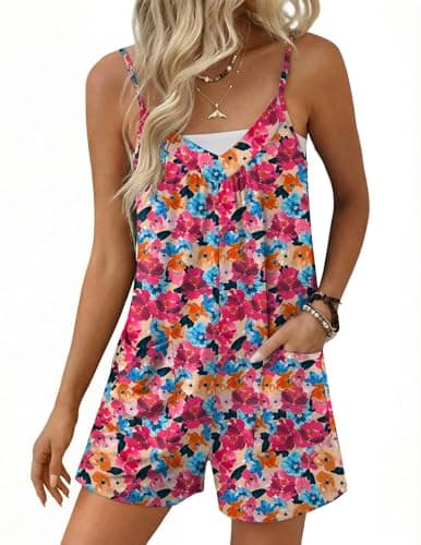 Ekouaer Womens Summer Casual Sleeveless Rompers 2026 Floral Loose Shorts Overalls Adjustable Boho Jumpsuits with Pockets Rose Red Floral Large - Image 1