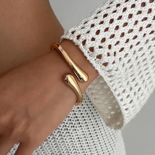 Gold Silver Bangles Bracelet for Women Trendy, 14K Gold Plated Dainty Thick Chunky Cuff Bracelet Stack - Thumbnail 2