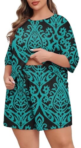 Lastshe Pajamas Set Women's Plus Size 2 Piece Soft Short Sleeve with Pockets Shorts Sleepwear Knit Pjs Loungewear Summer,Flower Green,2X - Image 1