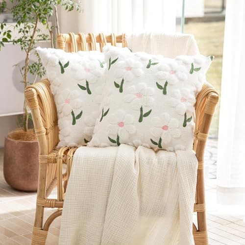 KIDHABE Spring Summer Pillow Covers 18x18 inch Set of 2, White Daisy Floral with Pink Stamen Pillow Cases, Soft Plush Faux Fur Jacquard Throw Pillows for Sofa Couch Holiday Spring Home Decor - Thumbnail 2