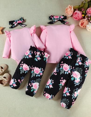 FAMIHAO Big Sister Little Sister Matching Outfits Ruffle Long Sleeve Shirt Floral Pants Headband Toddler Girl Clothes 3Pcs,2-3T Pink&Black - Thumbnail 2