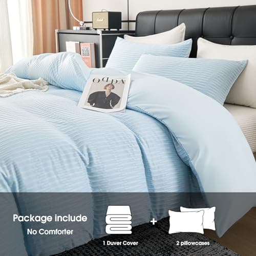 DCSKY Light Blue Duvet Cover Queen Size, 3pcs Washed Microfiber Bedding Set, Soft Breathable Rippled Duvet Cover Set with Zipper Closure for All Seasons - Thumbnail 2