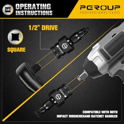 Pgroup 8PCS 1/2" Drive Universal Swivel Impact Torx Socket Set, T30-T70, CR-MO Wobble Star Sockets With Hanging Bracket for Dead Angles, Auto Repair, Mechanical Maintenance - Thumbnail 4