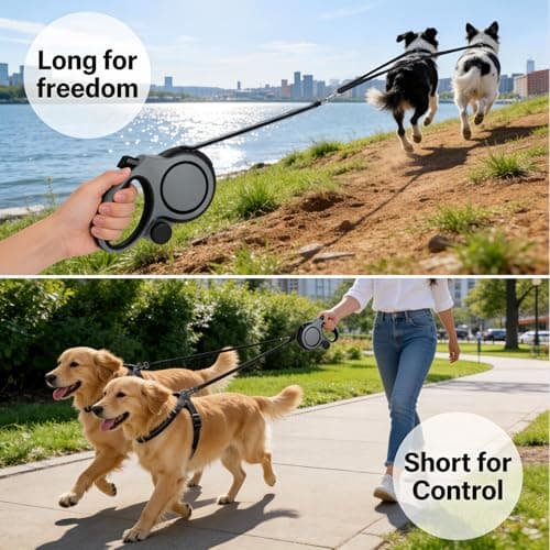 Dual Retractable Dog Leash 2 Large Dogs (Up to 110 Lbs Each), 2 Headed Pet Leash with Poop Bags, 16ft/5m Extension, Non-Slip Grip, One-Button Break & Lock, 360-degree Tangle-Free (Gray, Medium) - Thumbnail 5