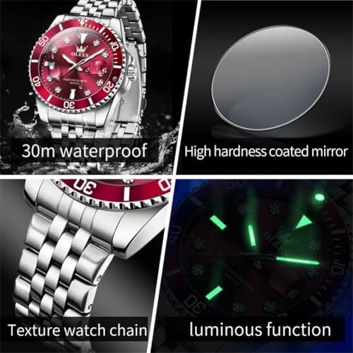OLEVS Watch Men Luxury Dress Stainless Steel Red Face Wrist Watches for Men Analog Quartz Waterproof Fancy Fashion Diamond Mens Watch Relojes para Hombres - Thumbnail 4