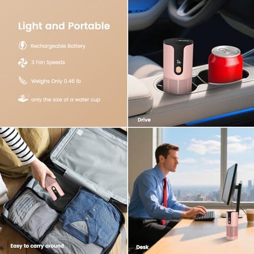 Arint Portable Car Air Purifier-True HEPA Mini Air Purifier with LCD Display,15dB Quiet,USB-C Charging,Filters Smoke/Dust/Pet Dander in Car/Office/Desk/Travel（Pink） - Thumbnail 2