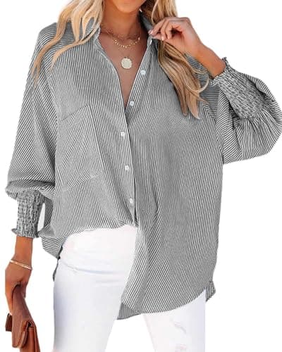 Bellcoco Women's Striped Button Down Shirts Smocked Puff Sleeve Boyfriend Blouse Oversized Work Tops with Pocket(Black Dress Shirt XXL) - Image 1