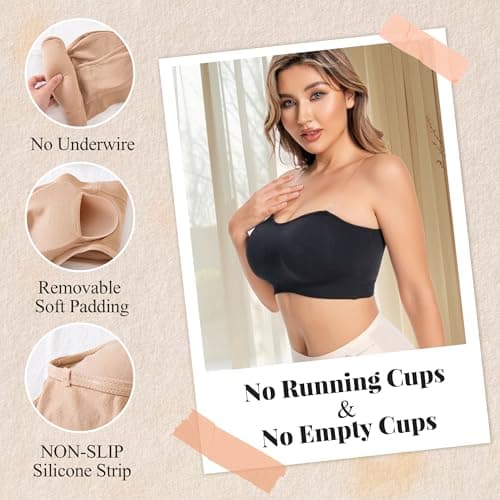 DD DEMOISELLE 1 Pack Women's Strapless Bandeau Bra, Strapless Bralette Half Bras for Women Tube Top Bra, Black，XXL - Thumbnail 3