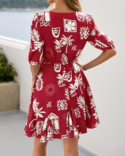 BTFBM Women Summer Spring Floral Boho Dress 2026 V Neck Short Sleeve Ruffle Beach Vacation Clothes Wedding Guest Dresses(Floral Burgundy White, Medium) - Thumbnail 3