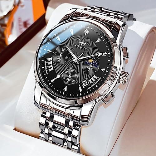 OLEVS Watch Men Black and Silver Watches for Men Luxury Stainless Steel Mens Watches Waterproof Luminous Large Face Classic Chronograph Analog Quartz Mens Wrist Watch Date Dress Reloj para Hombre - Thumbnail 3