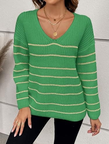Libsorge Women's Oversized V Neck Cute Striped Sweaters Fall 2025 Dressy Casual Cozy Lightweight Ribbed Knit Long Sleeve Pullover Sweater Green XL - Thumbnail 4