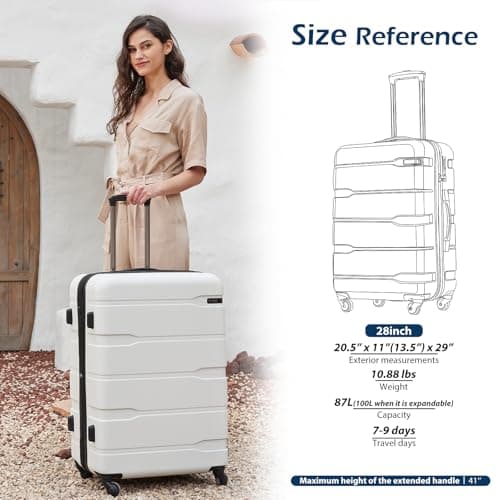 Coolife Expandable Large Checked Luggage Hardside PC+ABS Suitcase with TSA Lock, Lightweight Rolling Carry On with Spinner Wheels(White, 28in) - Thumbnail 6