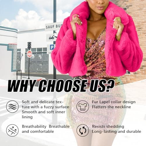 RAMOUG Women Turn Down Collar Long Sleeve Rose Red Coat Thick Overcoat Loose Short Fur Fluffy Parka Jacket Tops Deep Pink L - Thumbnail 5