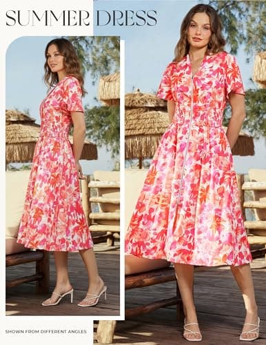 GRACE KARIN Womens Summer Maxi Floral Dress Casual 2026 Long Zipper Dresses Boho Flowy Beach Vacation Sundress with Pockets Red Floral S - Thumbnail 3