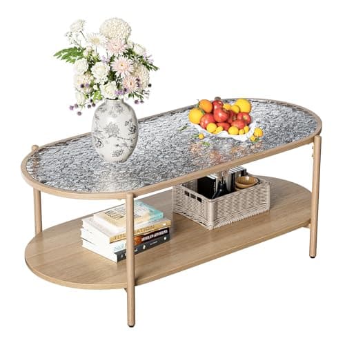 Glass Coffee Table, 44” Tea Dinner Table 2-Tier Oval Center Table Wave Pattern Tempered Glass Table Top With Anti Slip Pads, for Living Room Office Cafe Reception Room Small Space Apartment - Image 1
