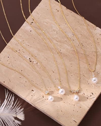 Pearl Necklaces for Women 14k Gold Plated Dainty Pearl Diamond Pendant Necklace Wedding Jewelry Bridal Bridesmaid Gifts for Women - Thumbnail 6