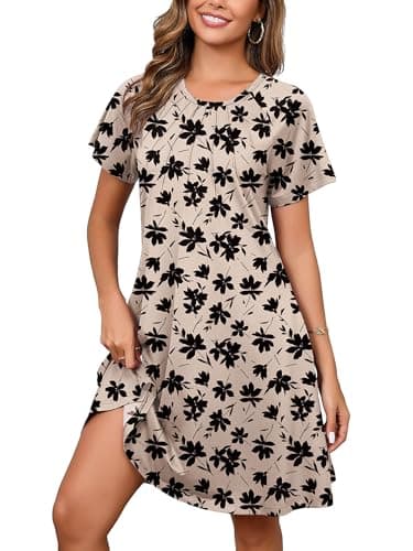 Heymoments Women's Short Sleeve Dress Floral Print Small Round Neck Casual Flowy Midi Sundress Comfy Tshirt Ladies Teachers Summer Beach Swing 2025 Novelty Boho Dresses with Pockets - Image 1