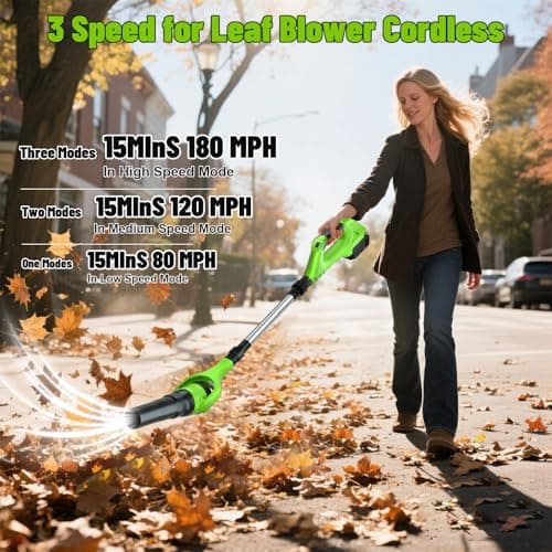 Leaf Blower Cordless, 21V Electric Leaf Blower Cordless with 2 Batteries, Adjustable 300° Multi-Angle Rotation Nozzle 3 Speed Modes 500CFM/180MPH for Lawn Care, Patio, Dust, Leaves, Yard, Car, Gutter - Thumbnail 4