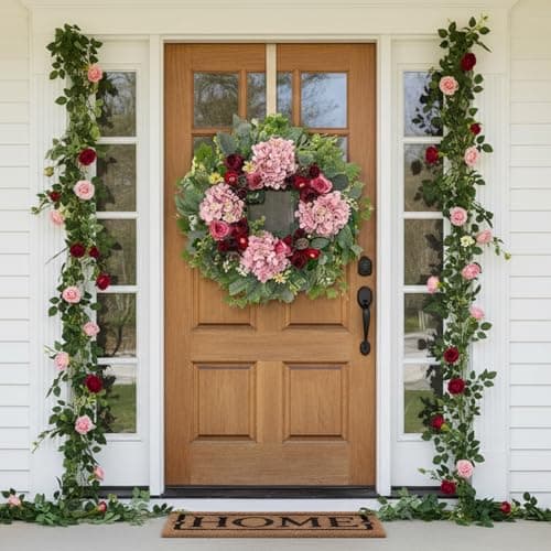 HipTree 24 Inch Spring Wreaths for Front Door,Handmade Pink Burgundy Silk Hydrangeas & Roses Floral Wreath for Mothers Day Valentines Day Decorations,Indoor Outdoor and Wall Decor - Thumbnail 4